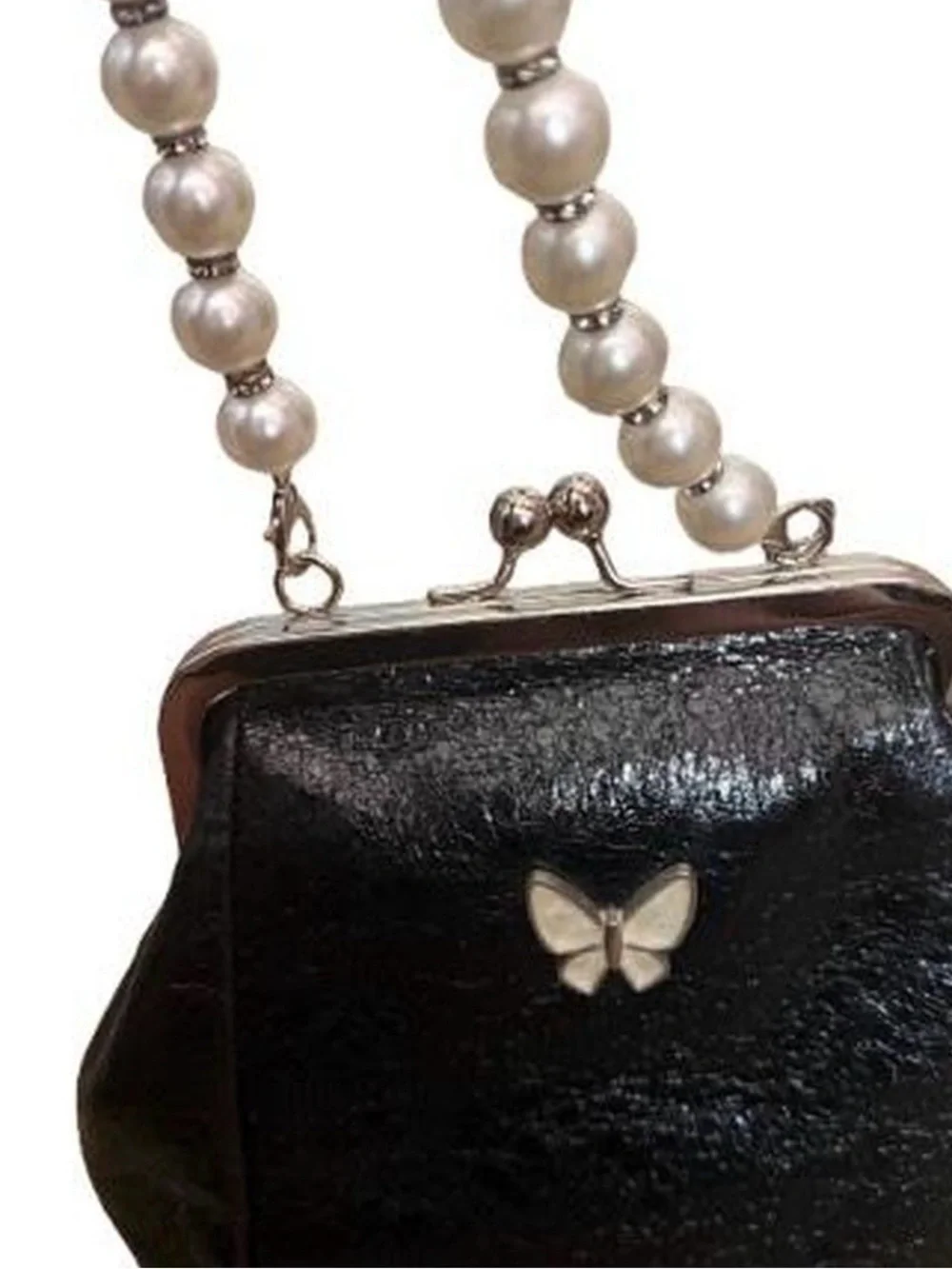 Black Evening Clutch with Pearl Handle and Butterfly Accent